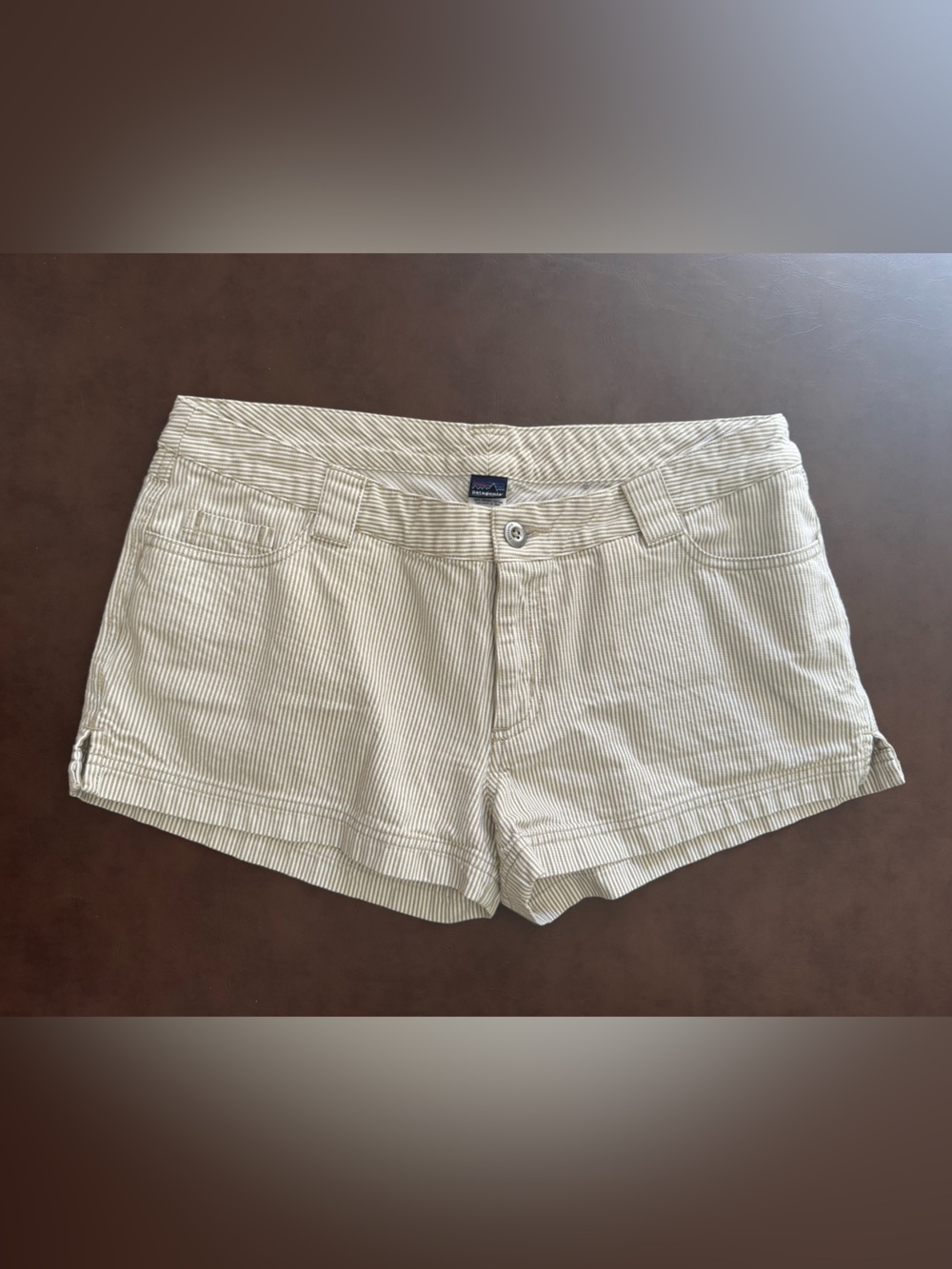 Patagonia Organic Cotton Tan Stripe Shorts Women’s 10 Casual Cabin Seersucker